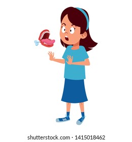 girl being surprised with false chattering jaws avatar cartoon character vector illustration graphic design