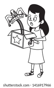 girl being surprised with joke box and a jester hat jumping out avatar cartoon character black and white vector illustration graphic design