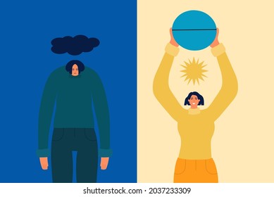 The girl is being treated with a pill for depression. The concept of helping a person with antidepressants. Sad and happy woman. Medication for mental illness. Vector illustration in flat style