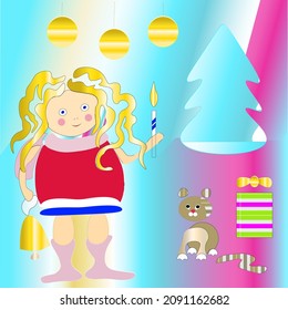 A girl with a bell and curly hair stands near a cat, a gift and a Christmas tree.