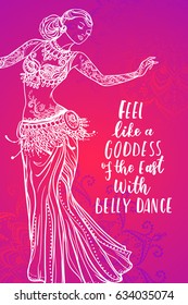 Girl belly dance vector illustration, pink background. Calligraphy banner. Use for posters, covers, flyers, postcards, banner designs, 