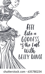 Girl belly dance vector illustration, background. Calligraphy banner. Use for posters, covers, flyers, postcards, banner designs, 
