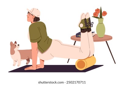 Girl with belly practices pregnancy fitness. Pregnant woman training, does sport exercises with foam roller. Expectant mother goes pilates workout indoors. Flat isolated vector illustration on white