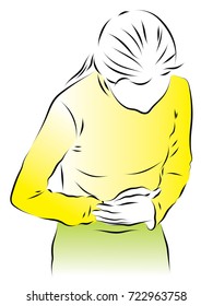 the girl bent down. A girl holding her hands with her stomach, intestines The girl has a stomach ache. Colored vector illustration of abdominal pain, gastritis, irritable bowel syndrome, appendicitis.