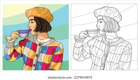 girl in a beret with a cup of coffee coloring book