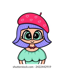 girl with beret on head. Vector Illustration for printing, backgrounds, covers and packaging. Image can be used for greeting cards, posters, stickers and textile. Isolated on white background.