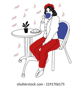 Girl in beret sitting in French café and drink coffee or tea with croissant in autumn time. Doodle vector illustration