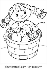 Girl with berries. Little cheerful girl with pigtails holding a basket of strawberries, cherries, raspberries. Coloring page