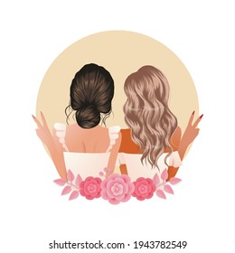 Girl best friends show peace sign hand gesture decorated with flowers. Vector design isolated