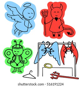 Girl between the angel and demon. Vector colorful illustration. Doodle funny stickers.