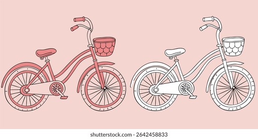 A girl bicycle with a basket on the front with red and white color