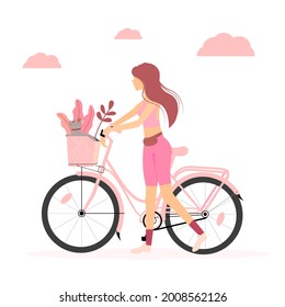 Girl with bicycle. Cartoon character ridding bike. Girl and cat walking. Bicycle illustration.   