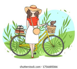 Girl with a Bicycle and a dog in a basket on the background of nature. Colorful vector illustration in sketch style. Hand-drawn.