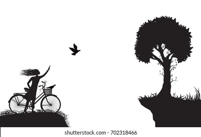 girl with bicycle frees the bird,  girl and pigeons, freedom, near the big tree, come back home, black and white, shadows