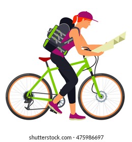 Girl with bicycle looks at the route map. Traveling. Vector flat Illustration. Web graphics, banners, advertisements, brochures, business templates. Isolated on a white background