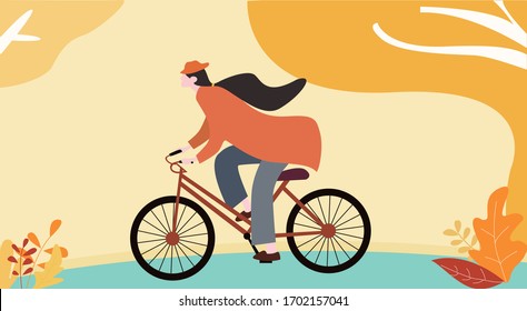 Girl with bicycle to outdoor in spring;People riding on bicycles in the park, Vector illustration - bicycle riding man. Park, forest, trees and hills on background. Vector illustration