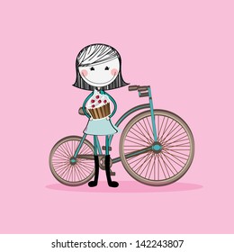 girl and bicycle over pink background vector illustration