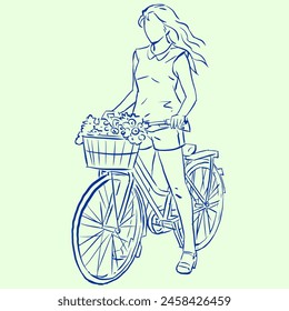 A girl with bicycle vector for card, decoration, illustration