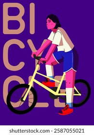 Girl with a bicycle. Vector illustration. Poster, postcard, banner.