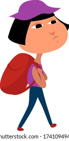 Girl with big backpack , illustration, vector on white background