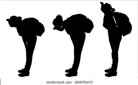 Girl with the big backpack on back. Woman tourist sat down and looks down, forward, away. Ornithologist. Side view, profile. Three black female silhouettes are isolated on a white background.