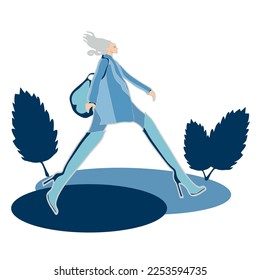 A girl with a big bag, in a coat and boots. Graphics. Illustration on the theme of fashion, active lifestyle, work, business.
