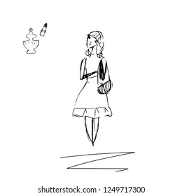 The girl with the big bag. Hand drawn. Sketch.