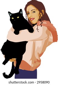 girl with big black cat - vector