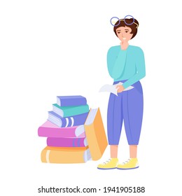 Girl with big books list to read. Top favorite literature concept.