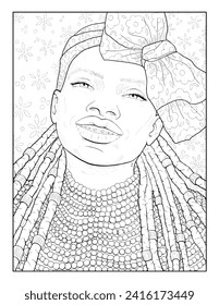 Girl with a big bow on her head and dreadlocks. Anti-stress coloring book for children and adults. Portrait of a beautiful African American woman with braces.