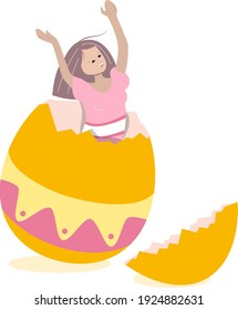 Girl in big cracked Easter festive egg. Festive spring illustration can be used for Easter design templates.