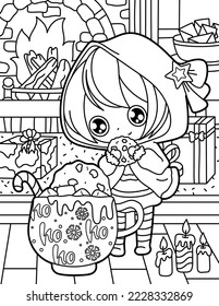 Girl with a big cup of hot cocoa. Christmas and New Year. Coloring book for children. Black and white vector illustration.