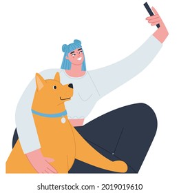 A girl with a big dog takes a photo of herself on her phone. Fashionable flat vector illustration