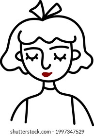 Girl with big ears and red lipstick, illustration, on a white background.