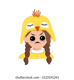 Girl with big eyes and angry emotions, grumpy face, furious eyes in yellow chicken hat. Head of child with furious expression for Easter, New Year or costume for party. Vector flat illustration