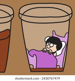 Girl With Big Eyes In Bed Under The Bottom Of An Empty Glass Of Coffee. Coffee Keeps Me Awake Concept Card Character illustration