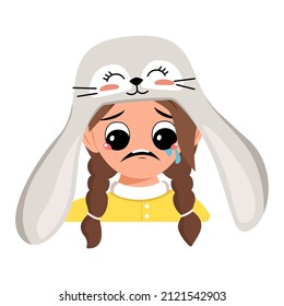 Girl with big eyes and crying and tears emotion, sad face, depressive eyes in cute rabbit hat with long ears. Head of child with melancholy face for holiday Easter. Vector flat illustration