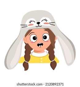 Girl with big eyes and emotions panic, surprised face, shocked eyes in rabbit hat. Child with scared expression for Easter, New Year or carnival costume for party. Vector flat illustration