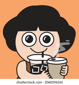 Girl With Big Eyes Is Holding And Drinking Two Cups Of Coffee Concept Card Character illustration