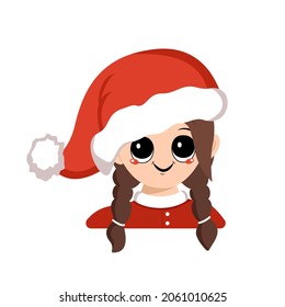 Girl with big eyes and wide happy smile in red Santa hat. Cute kid with joyful face in festive costume for New Year and Christmas. Head of adorable child with joyful emotions
