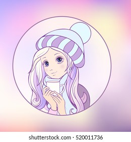 The girl with big eyes in a winter hat and scarf and cap of tea. Illustration in anime style . This illustration can be used as a print on T-shirts, bags, tattoo, badges or patch.