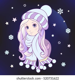 The girl with big eyes in a winter hat and scarf with snowflakes. Illustration in anime style . This illustration can be used as a print on T-shirts, bags, tattoo, badges or patch.