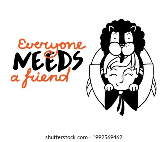 Girl and big fluffy dog cute doodle character with lettering. Vector hand drawn illustration. Isolated black contour on white background