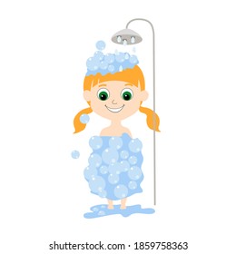 A girl with big green eyes and red hair bathes in the shower. Vector cartoon illustration of a child performing hygiene procedures in flat style isolated on white background.