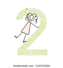 girl with big green number two birthday gift card, second grade and doodle vector illustration