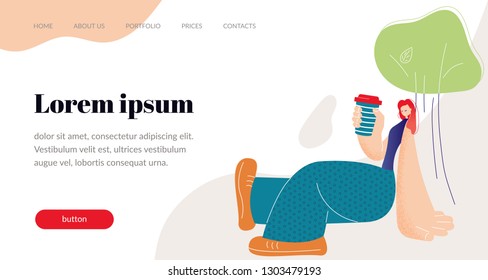Girl with big hands and legs drinks coffee while sitting under a tree. Vector flat illustration on white background. Template for website, banner, landing page.