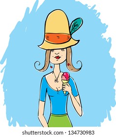 The girl in a big hat with ice cream