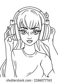 Girl in big headphones. Children coloring, vector.