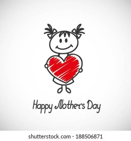 girl with big heart (cartoon doodle). Happy mothers day card