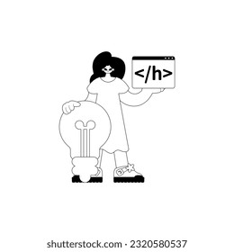 Girl with big light up bulb and window with program icon . Black and white note artwork. Trendy style, Vector Illustration